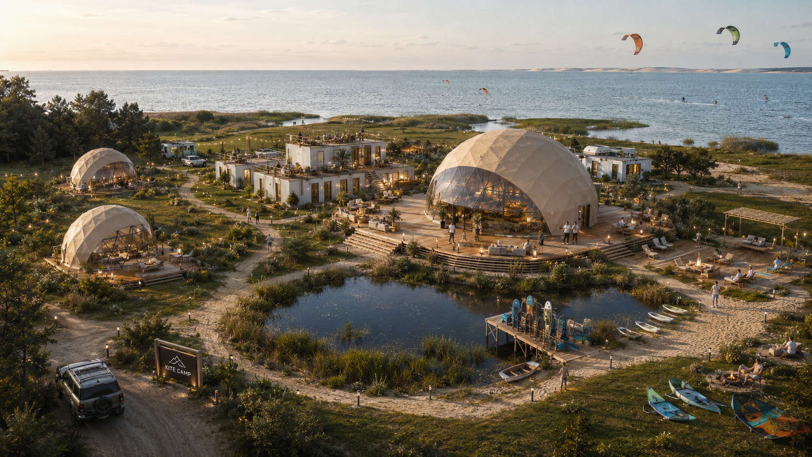GEODOMAS glamping resorto funkcinės programos pavyzdys su apgyvendinimo, SPA, bendrosiomis ir aptarnavimo zonomis