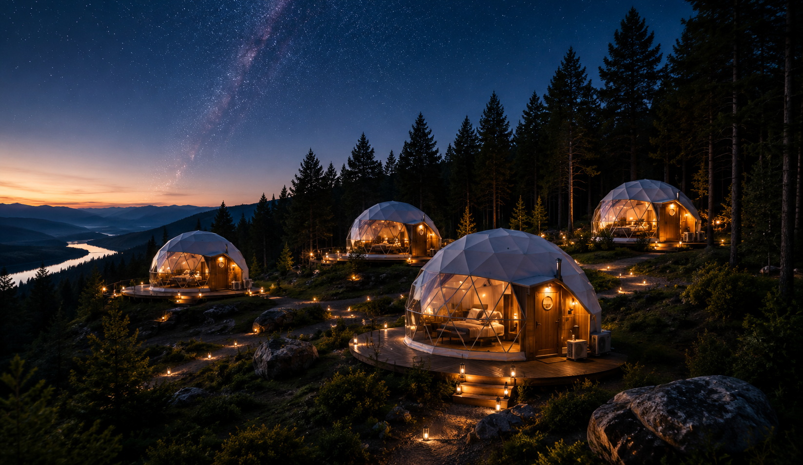 Glamping parkas su kupolais, takais ir poilsio zonomis