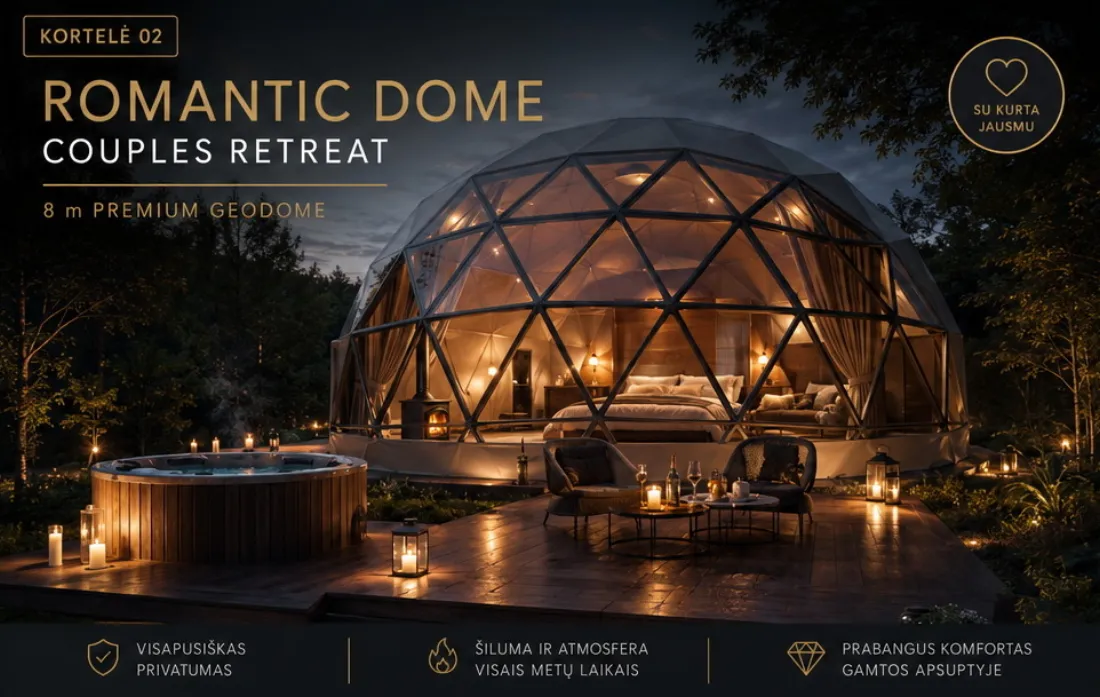 Jaukus glamping kupolo interjeras su lova ir panoraminiu langu